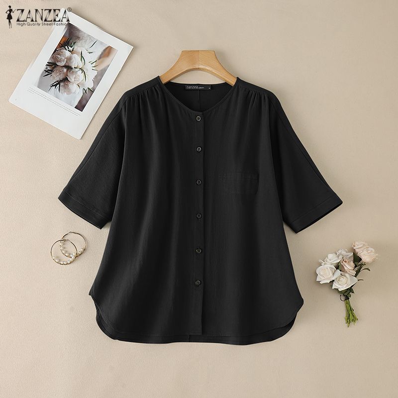 ZANZEA Dámská ležérní bavlněná halenka s kulatým výstřihem, jednobarevná, s 3/4 rukávem