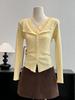 French Lace Patchwork V-neck Knit Cardigan for Women - Slim Fit Autumn/Winter Top