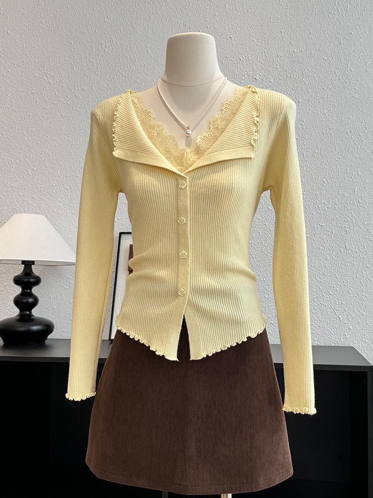 French Lace Patchwork V-neck Knit Cardigan for Women - Slim Fit Autumn/Winter Top