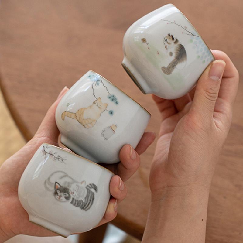 1 Pc Chinese Tradition Ru Kiln Ceramic Tea Cup Handmade Cute Cat Teacup Household Personal Tea Bowl Travel Master Cup Tea Set