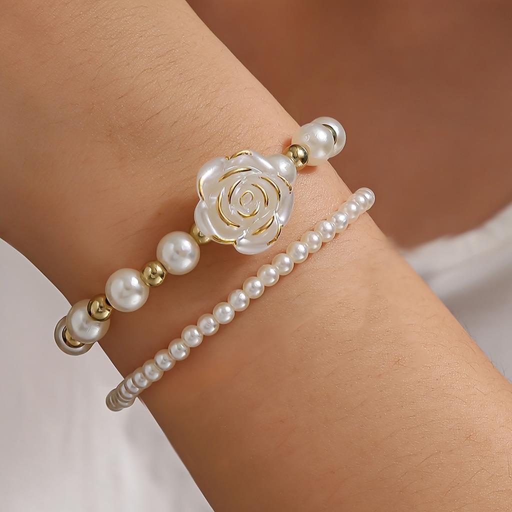 2PCS Imitation Pearl Bracelet Simple, Stylish, and Unique Women's Jewelry Set with Rose Beads, Elegant and Suitable for Daily Wear, Bracelet Set for