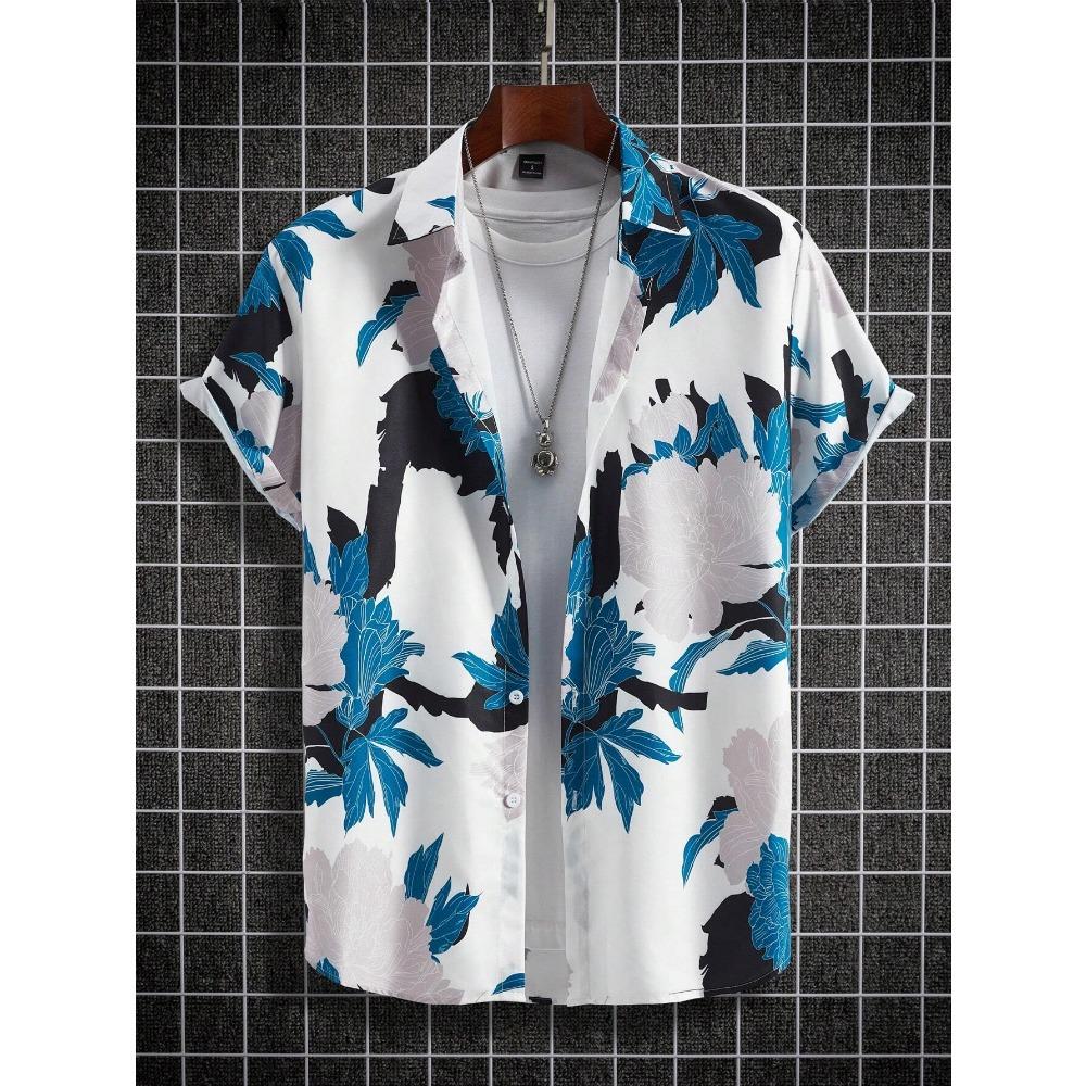 Hawaiian Loose Short Sleeved Shirt, Palm Print Men's Top, Men's Buttons