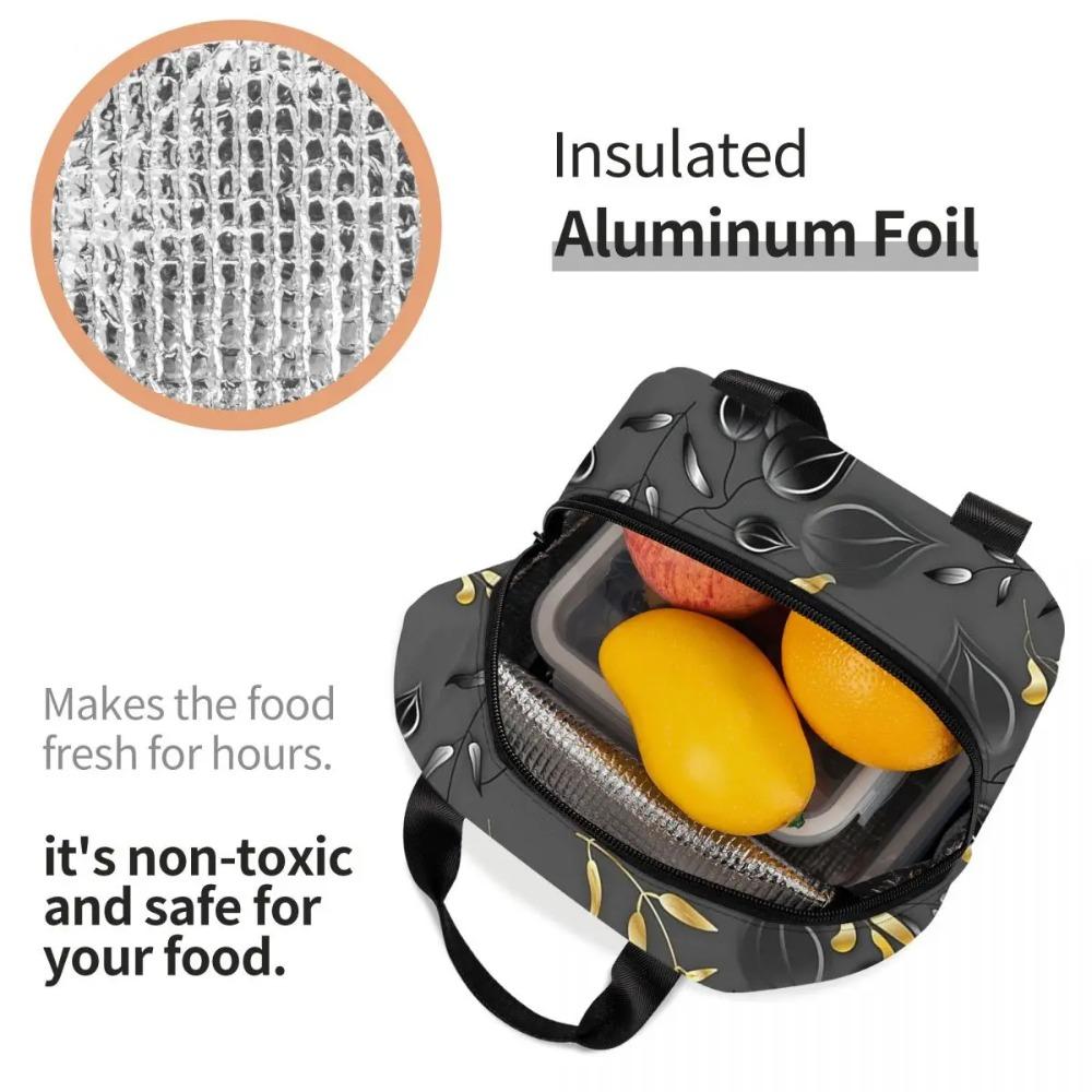 Black Golden Leaf Print Insulated Lunch Bag for Women Children Leakproof Food Boxes Thermal Lunch Box Tote
