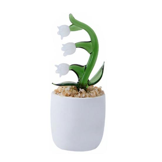 Hand Blown Mini Glass Flower Figurine Faux Crystal Small Lily of The Valley Flower with Pot for Wedding Mother's Day Office Home Table Centerpiece