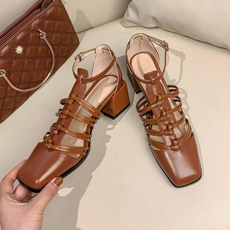 Fashion HOT SALES Summer Shoes Women Square Toe Cover Heel Gladiator Modern Sandals Geunine Leather Chunky Heel High Heel Woven Sandals