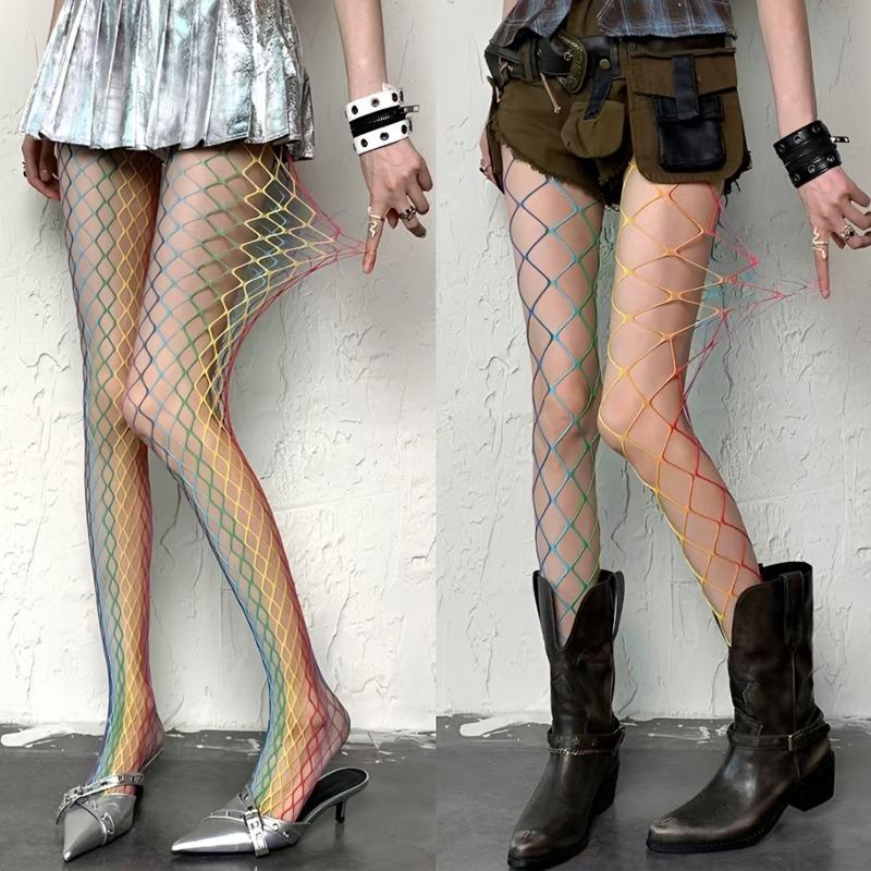 New Color Gradient Fashion Fishnet Stockings Subculture Women Summer Y2K Tights Large Medium Mesh Sweet Hollow Slim Pantyhose