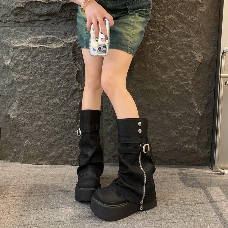 Long boots, high boots, small men, spring and autumn heightening trousers, stacking new muffin boots, thick-soled folds, retro