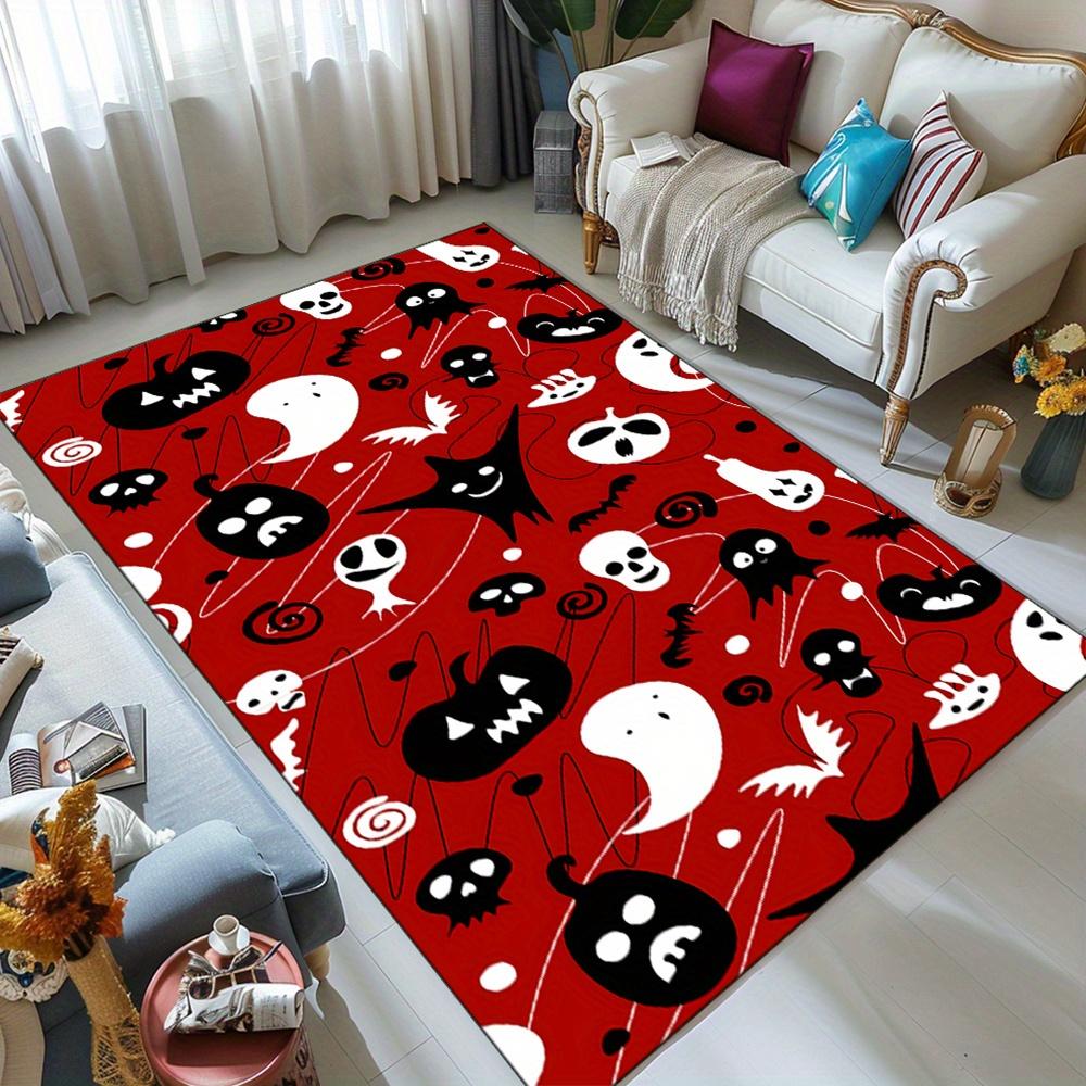 Spooky Halloween Area Rug - Vibrant Red with Ghosts, Bats, and Skulls Design, Soft Polyester Crystal Velvet, Perfect for Living