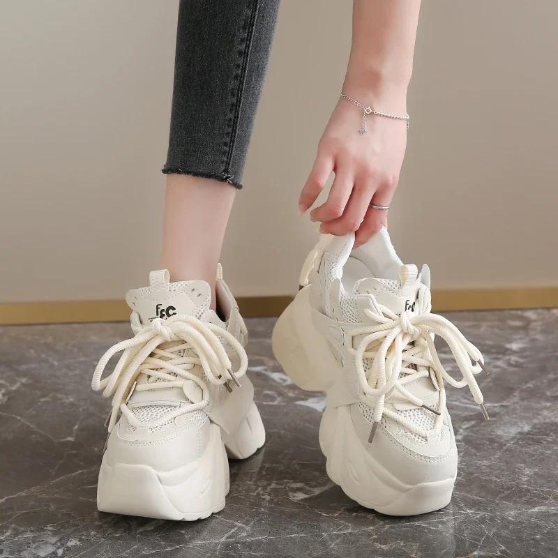 Modă Nou Primăvară Vară Femei Adidași Groși Plasă Respirabilă Pantofi Casual Tocuri Pană 7.5CM Pantofi cu Platformă Femme Pantofi Sport Pantofi Dad
