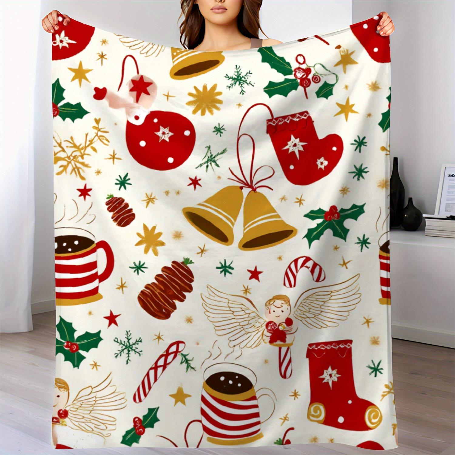 

Christmas Throw Blanket with Bells Stockings Angels and Coffee Mug Design for Cozy Holiday Home Decor Soft Fleece Gift for Her 70x100cm28x39in