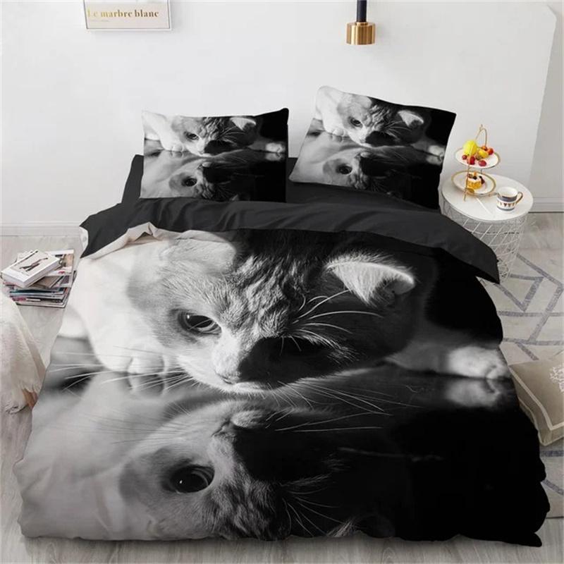 3D Katze Bettwäscheset Luxus Tier Bettbezug mit Kissenbezug Queen King Einzel Doppelgröße für Mädchen Junge Polyester Steppdecke