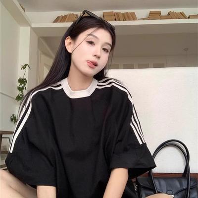 American Heavyweight Pure Cotton Three-stripe Short-sleeve T-shirt, Summer Trendy Brand Loose Plus-size Couples' Solid Color Short-sleeve Top
