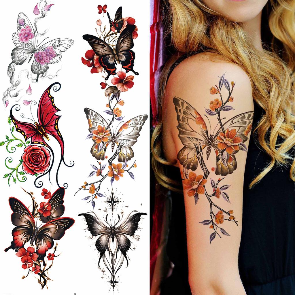 1 Sheet Sexy Butterfly Plum Rose Temporary Tattoos For Women Girls Watercolor Fake Flower Tattoo Sleeve Waterproof Decoration