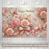 Dwuwymiarowe tło "Happy Birthday" z różowymi różami, motylami i złotymi kokardkami