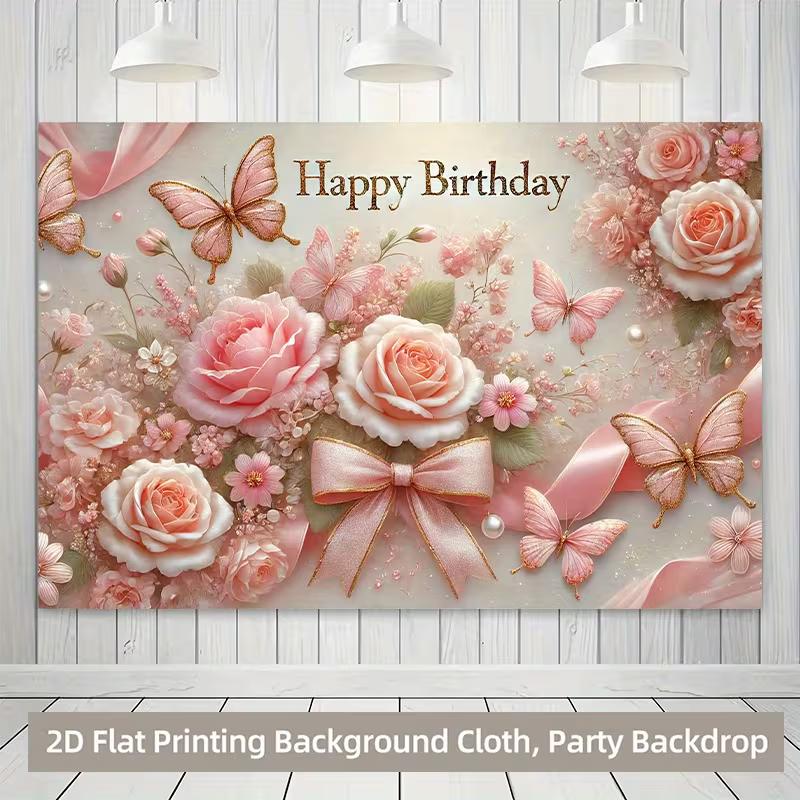 Dwuwymiarowe tło "Happy Birthday" z różowymi różami, motylami i złotymi kokardkami