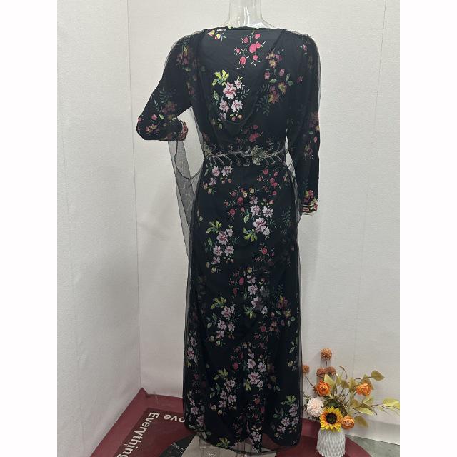 Spring Autumn European American Fashion Printing Bohemian Style High Waist Temperament Elegant Long Skirt