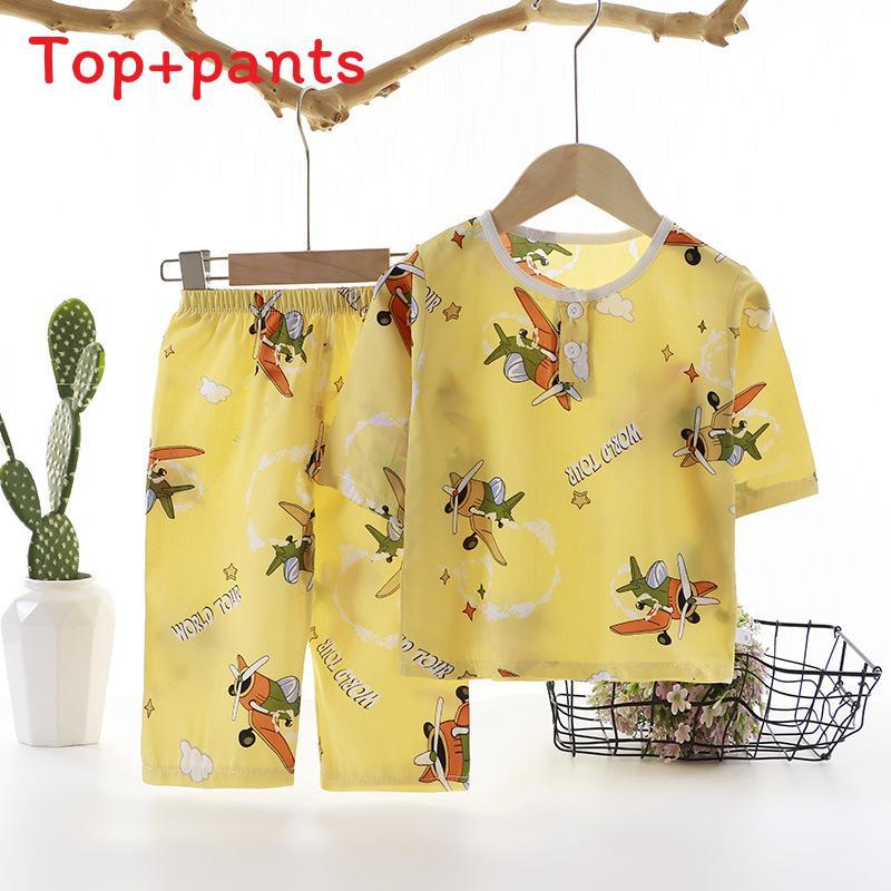 Cartoon Dinosaur Kids Sleepwear Set With Breathable Cotton Silk For Summer Comfort