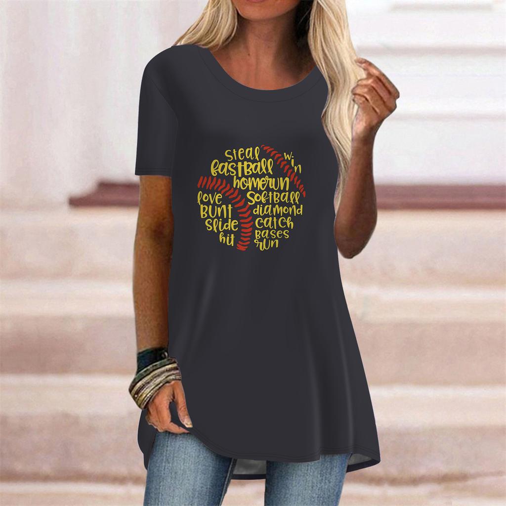 Plus Size Women Summer Yellow Tennis Ball Printed Comfy Short Sleeve Round Collar T-shirt Casual Baggy Mid Length Tee Tops