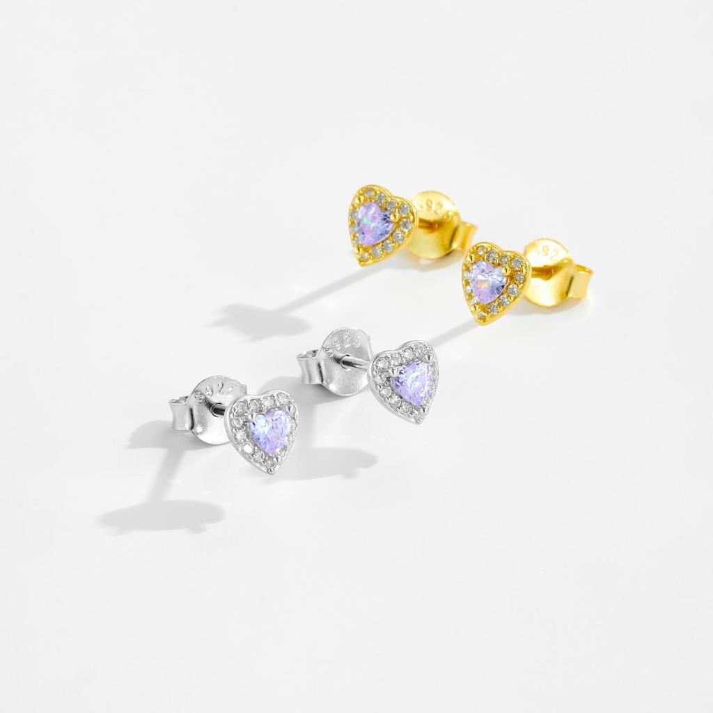 ANDYWEN 925 Sterling Silver Stud Earrings Heart-shaped Earrings Purple Cubic Zirconia Inlay Fine Jewelry Gifts