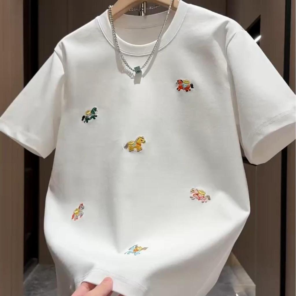 Plus Size Cartoon Embroidered Cool Cotton Summer T-Shirt (21s, Age-Reducing, Versatile, Casual)