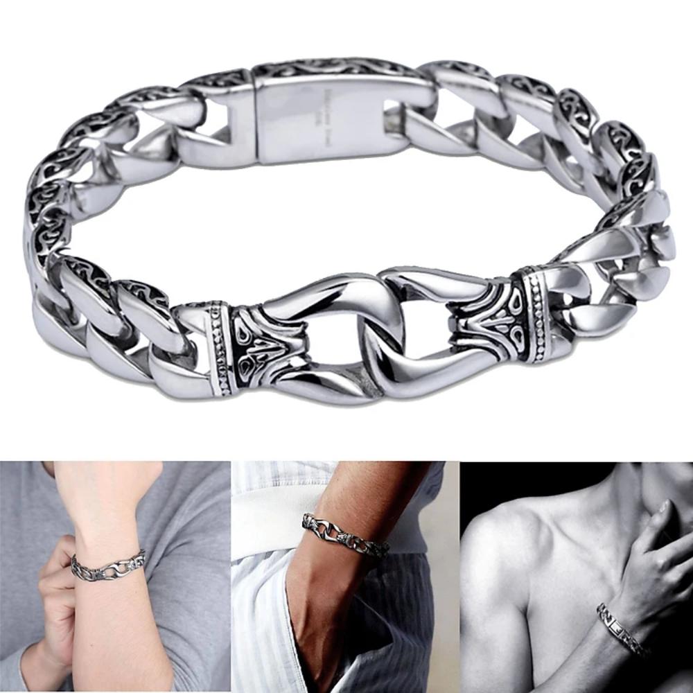 Punk Rock Stainless Steel Charm Bracelet for Men Viking Dragon Cuban Curb Chain Wrist Jewelry