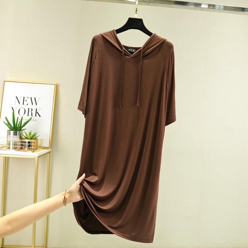 Damen Kapuzen-Kurzarm-Midikleid Lockerer Schnitt Hohe Taille Pendler Freizeit T-Shirt-Kleid Modal Uni Frühling Sommer Lange Tunika