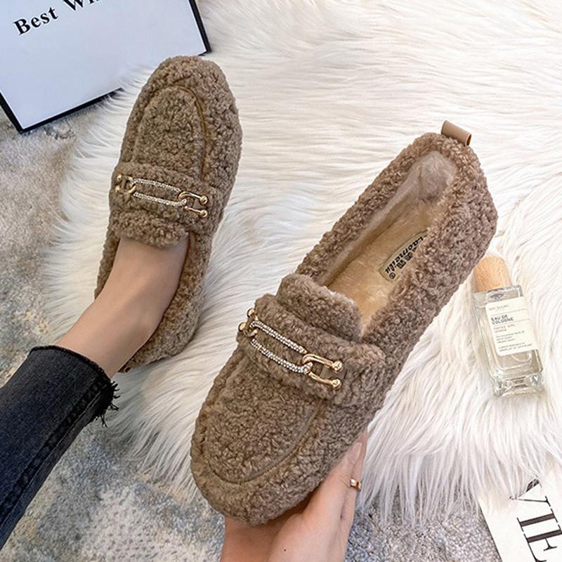 Luxuriöse mit Schaffell gefütterte Loafer Damen Lammwollschuhe Damen Winter Slipper Fellige Flats Baumwolle Wolle Mocasine Femme Barfußstiefel