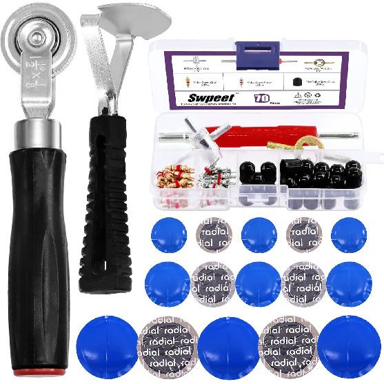 

Swpeet 65Pcs Tire Valve Stem Tool Remover & Installation Set, Valve Caps Snap-in Valve Stems with Valve Stem Cores, Single and Dual Head Tire Valve 71