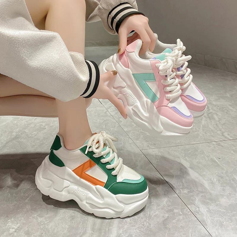 Fashion 8.5CM Wedges Leather Sneakers Women New Autumn Fashion Hidden Heels Sports Dad Shoes Thick Sole Platform Chunky Sneakers Spring