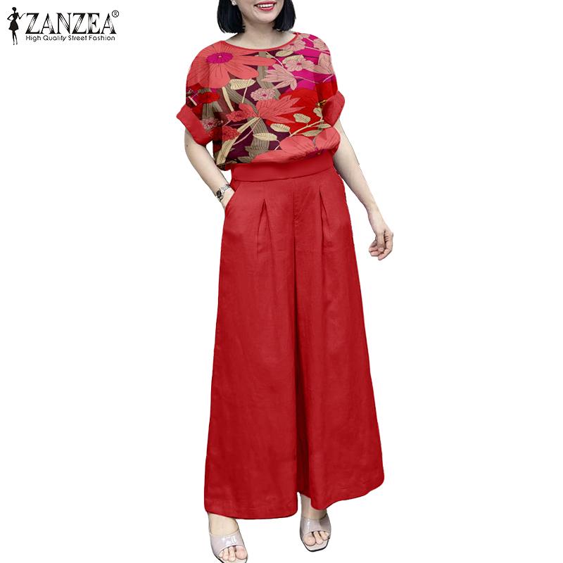 ZANZEA Women Short Sleeve Print Blouse and Wide Leg Pants Summer Two Piece Suit Sets
