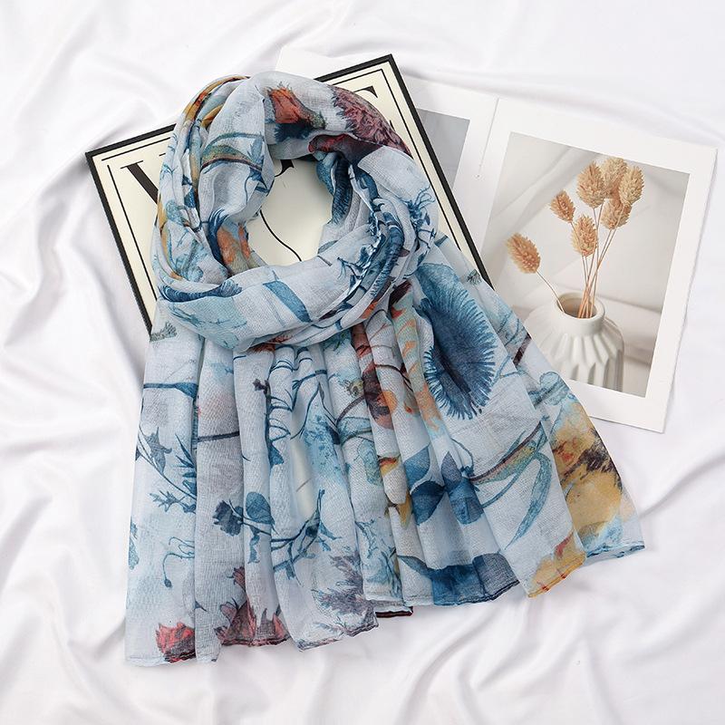 Winter Retro Branch Floral Viscose Shawl Scarf Lady Print Voile Thin Pashmina Hijab and Wraps Foulard Muslim Sjaal 180*85Cm