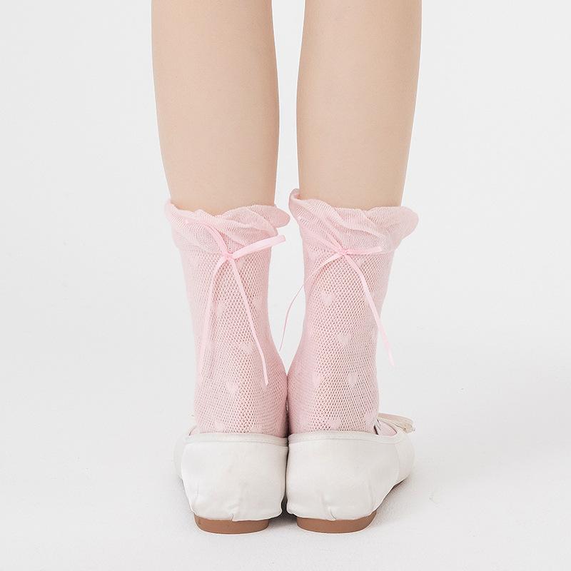 Женские весенне-летние тонкие носки из махрового хлопка с милым ленточным бантом 1 pair розовый