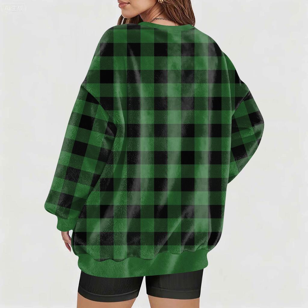 Women's Fashionable V-neck Christmas Printed Long Sleeved Casual Pullover Plush Warm Pocket Sweatshirt Top