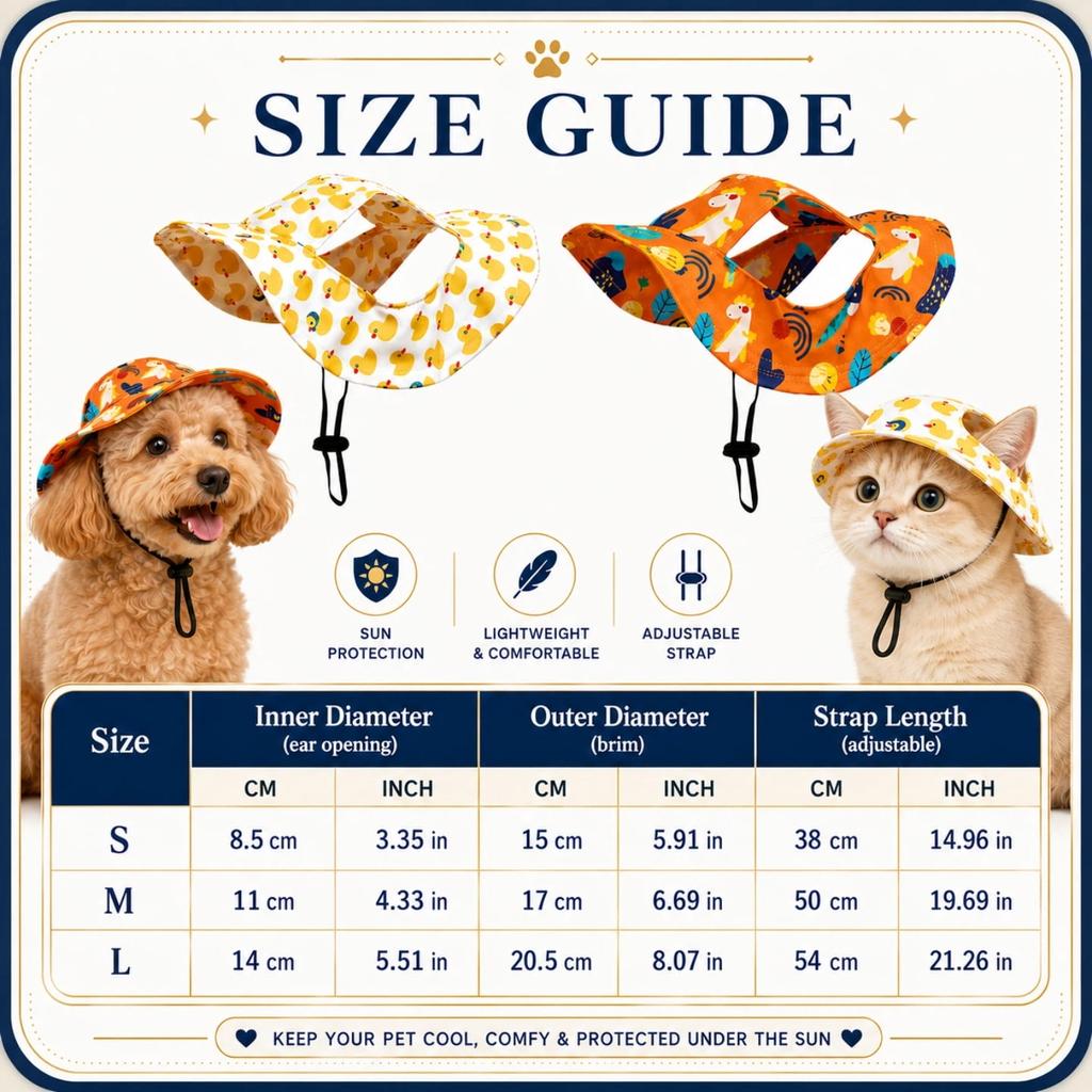 Adjustable Cat Sun Hat with Ear Holes, Cute Yellow Duck Print Pet Bucket Hat with Chin Strap, Breathable UV Protection Outdoor Fisherman Cap ,S