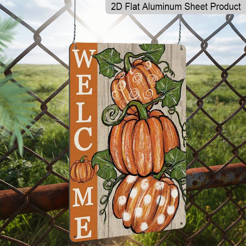2D Flat Welcome Polka Dot Pumpkin Autumn Farmhouse Metal Sign - 8.0x12.0inch Aluminum Wall Art, Rustic Fall Harvest Front Porch Decor, Pre-Drilled