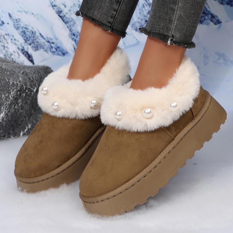 Fluffy Fur Platform Snow Boots Women Fashion Pearls Decor Non Slip Winter Ankle Boots Woman Thicken Plush Warm Cotton Shoes 43