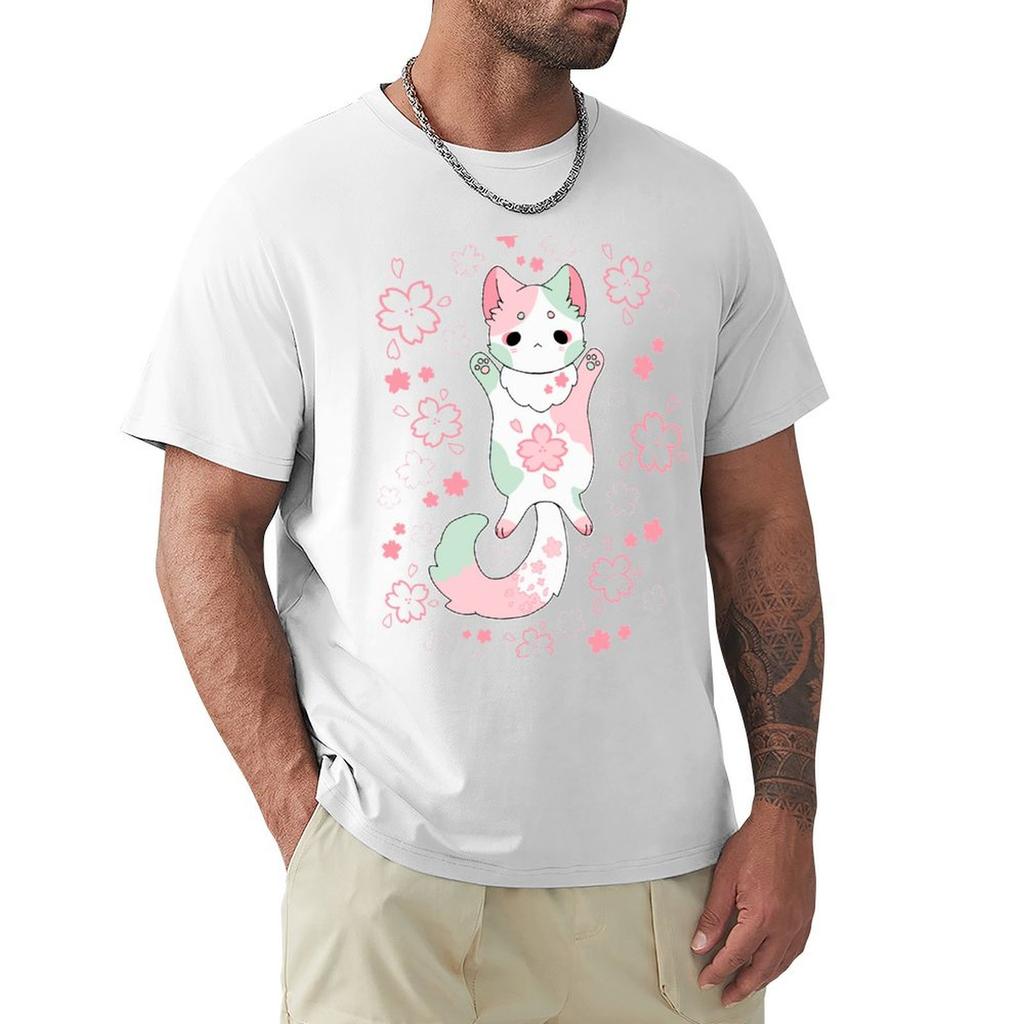 Sakura Flower Kawaii Neko Tshirt Basic Short Sleeve Cotton Blend Tshirt