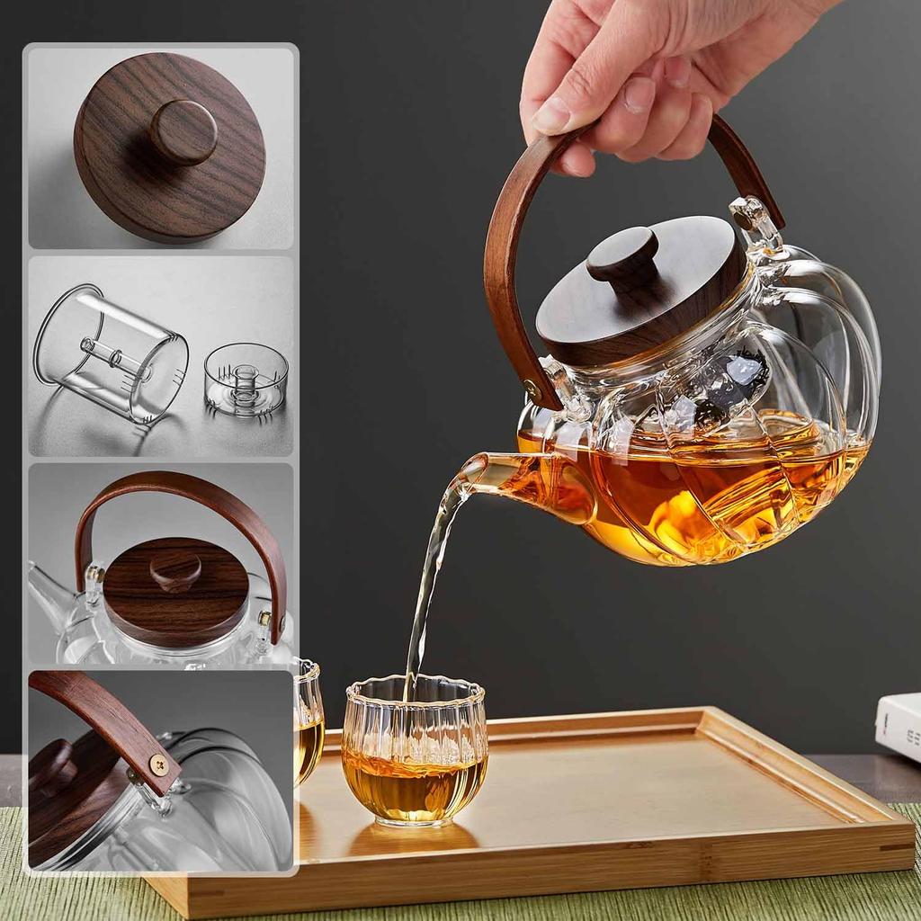 Pokaro Tea Heat-Resistant Glass Teapot, Pumpkin Shape, 940ml, Vertical Stripe Design, Suitable for Steaming and Boiling Tea, Includes Tea Strainer,