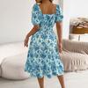 Women's Bohemian  Square Neck Puff Sleeve Short Sleeve-Blue L