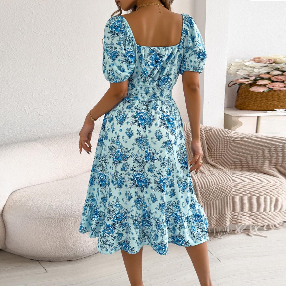 Women's Bohemian Square Neck Puff Sleeve Short Sleeve-Blue L