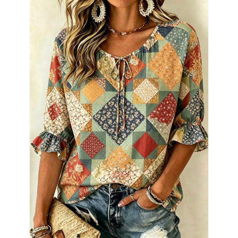 Women's Spring Summer Casual Blouse, Green Succulent Patchwork Print Tops for Daily Street Holiday Dating Leisure Outfit