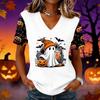 Women's Halloween Print V-Neck Short Sleeve Pullover Top for Casual Wear