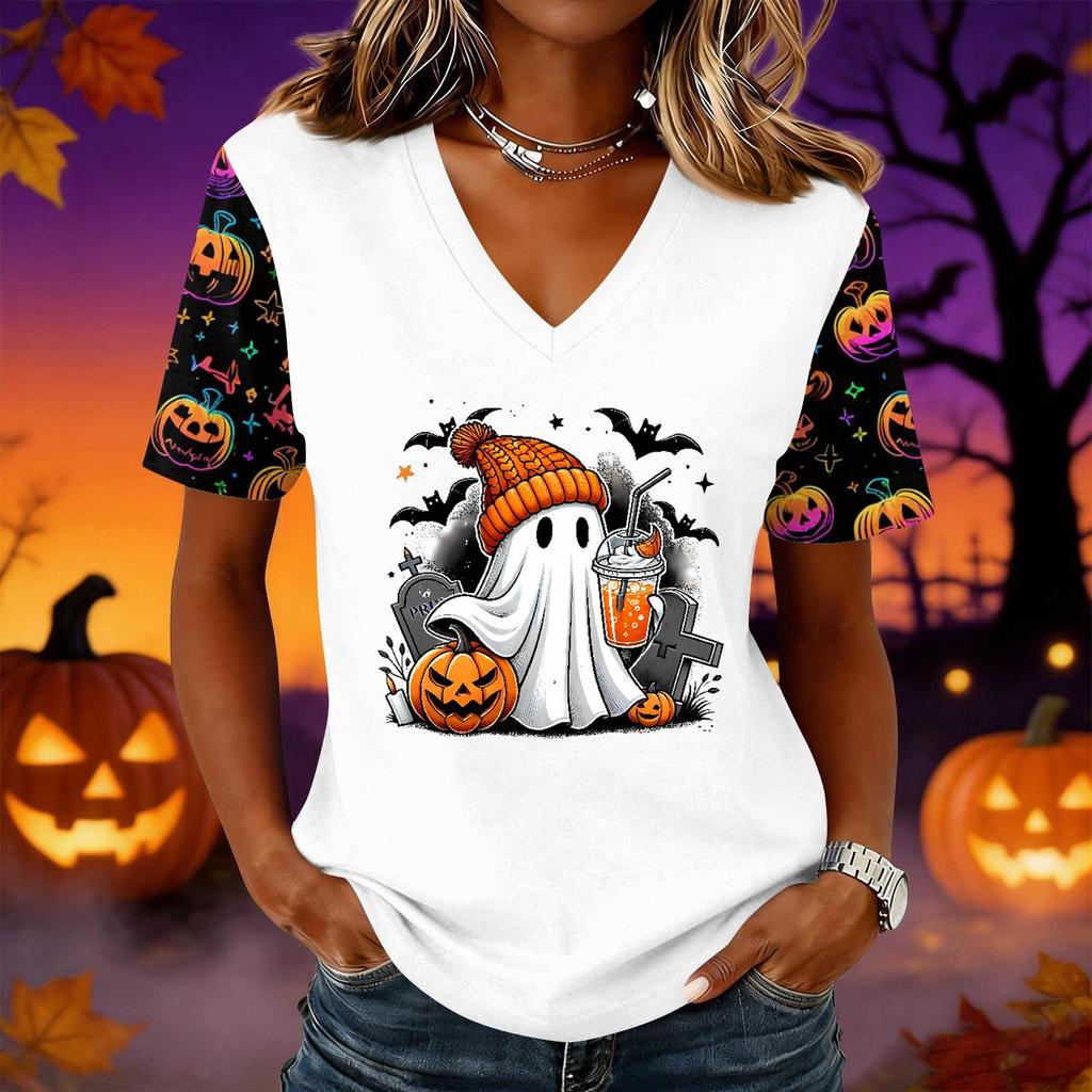 Women's Halloween Print V-Neck Short Sleeve Pullover Top for Casual Wear