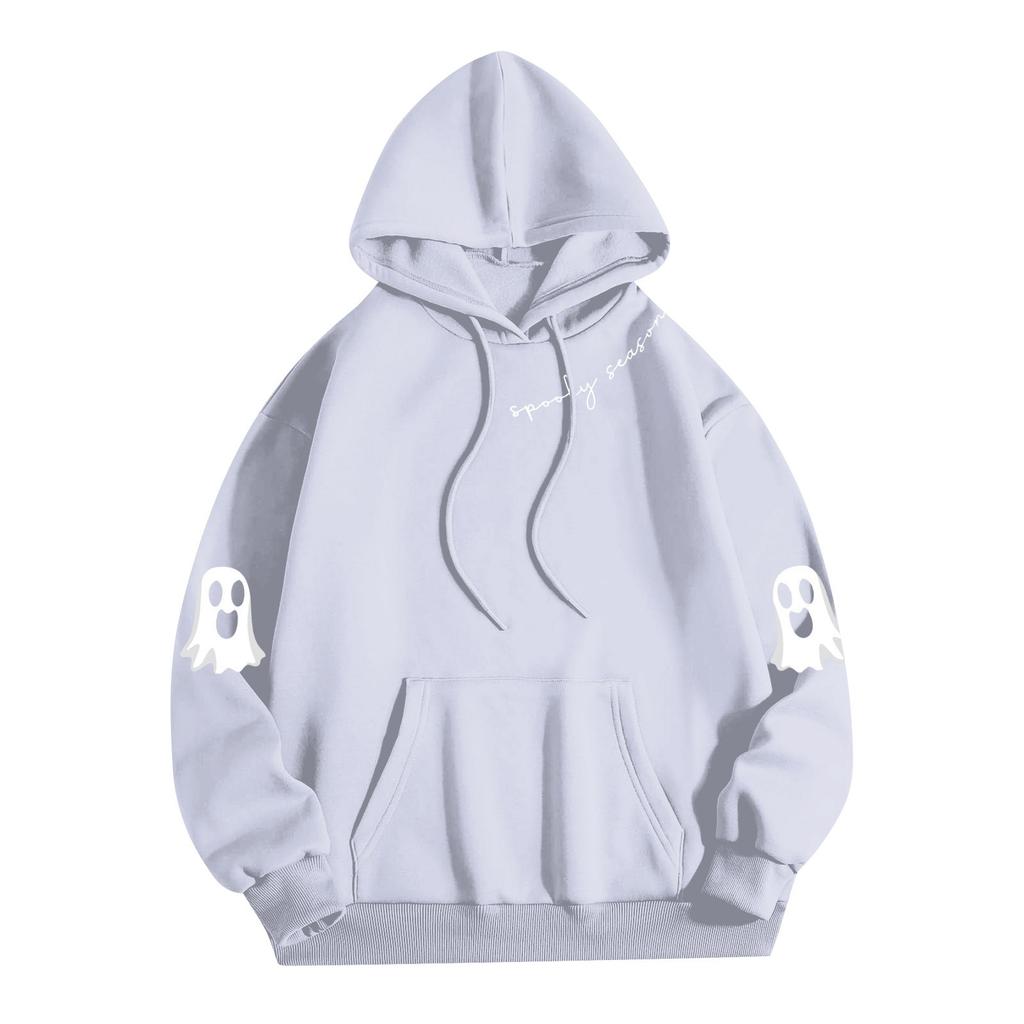 Women's Solid Color Long Sleeve Casual Halloween Print Pullover Hooded Sweatshirt