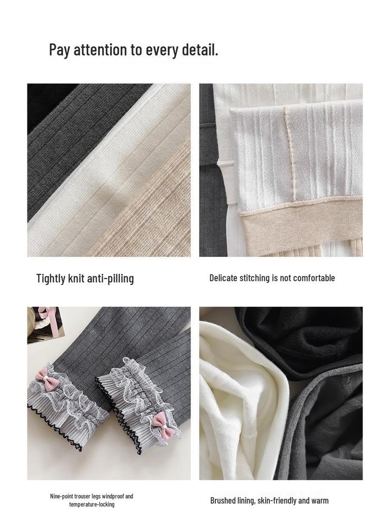 Girls' Brushed Cotton Leggings with Bow & Lace Trim - Autumn/Winter Fleece, Nine-Point Length