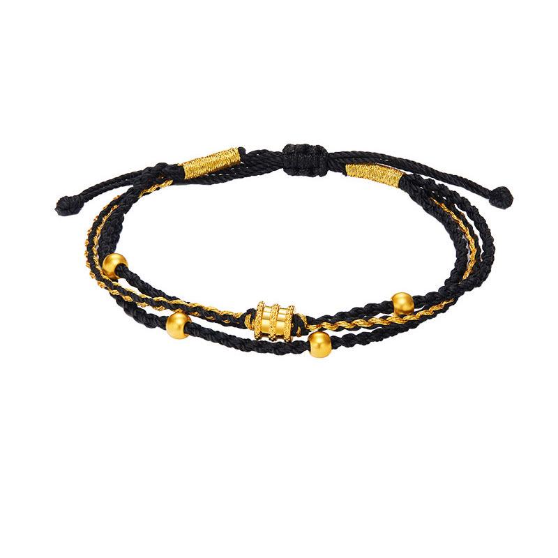 999 Fine Gold Peach Blossom  Four-Leaf Clover Bracelet: Lucky 3D Hard Gold Bead Hand Rope Gift for Girlfriend Single Hand Rope