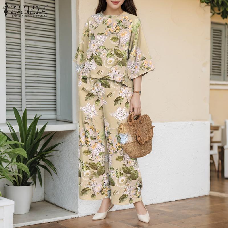 ZANZEA Women 3/4 Sleeve Blouse and Pants Casual Floral Print Two Piece Suit Sets