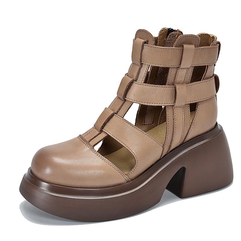 Johnature Retro pravá kůže Silná podrážka s kulatou špičkou Dámské Sandály Vyhloubené Silné vysoké podpatky Římské boty