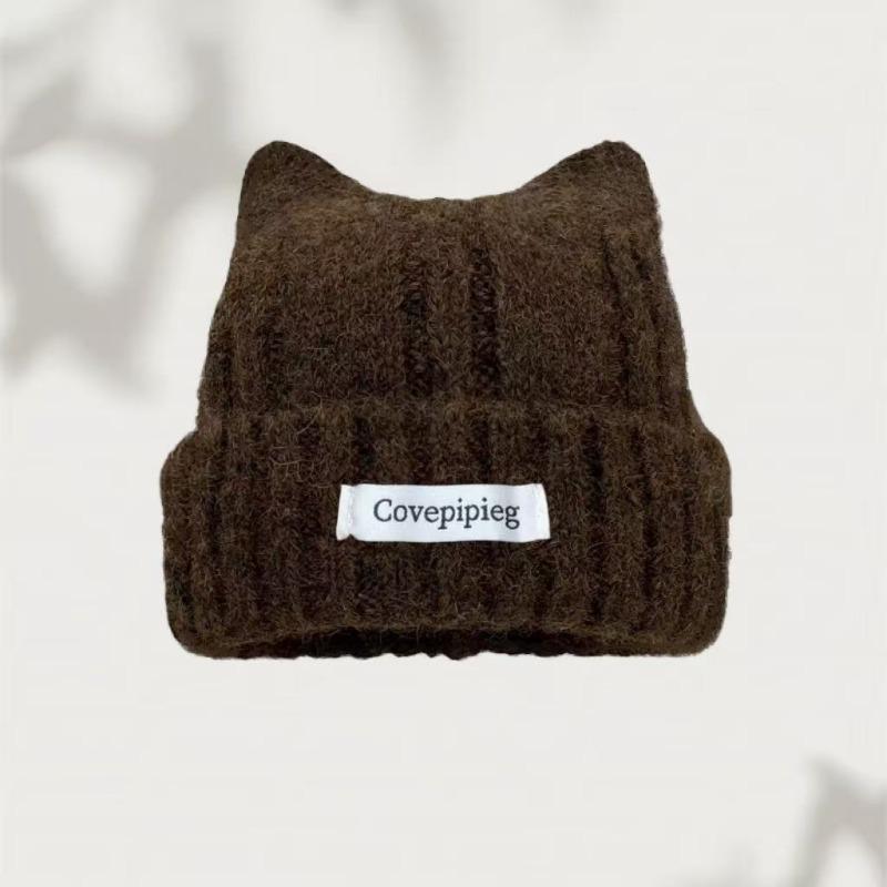 Cat Ear Beanie for Women Winter Warm Ear Protection Hat Solid Color Crochet Bonnet Sweet Girl Knit Pullover Cap Skullcaps