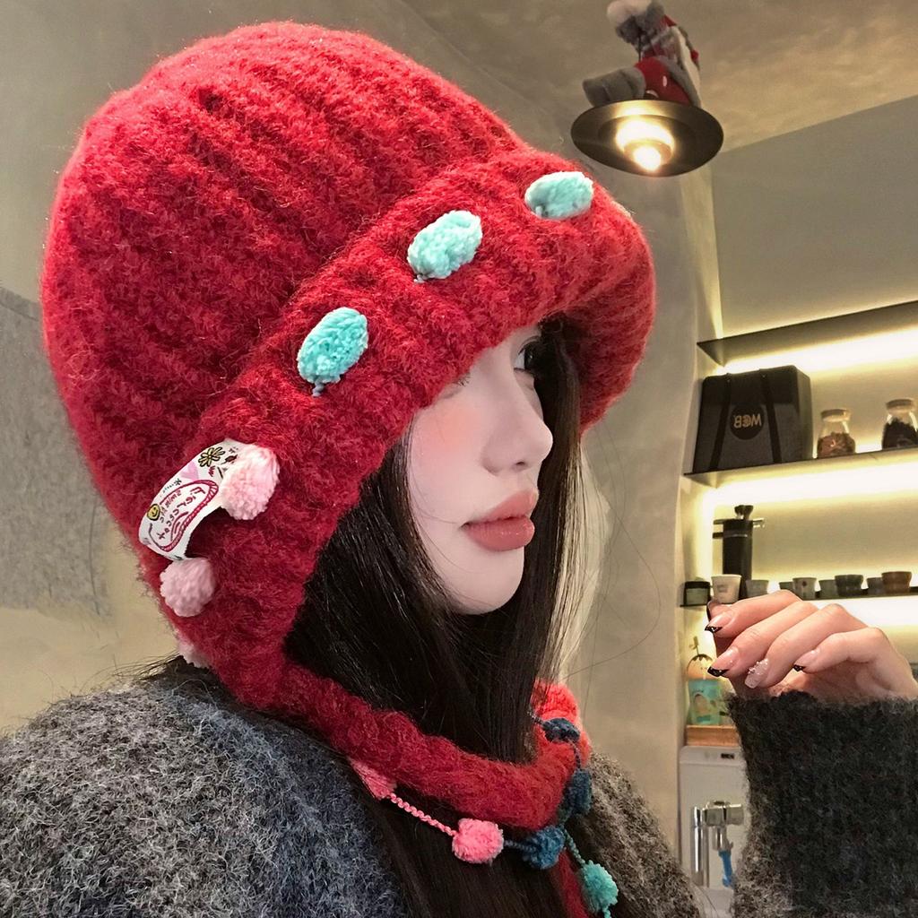 Rote Wollknäuel-Fransen-Strickmütze Kinder-Winter-Verdickte Warme Ohrenschützer-Mütze Kälteschutz Großer Kopfumfang Taschenkopf Wollmütze